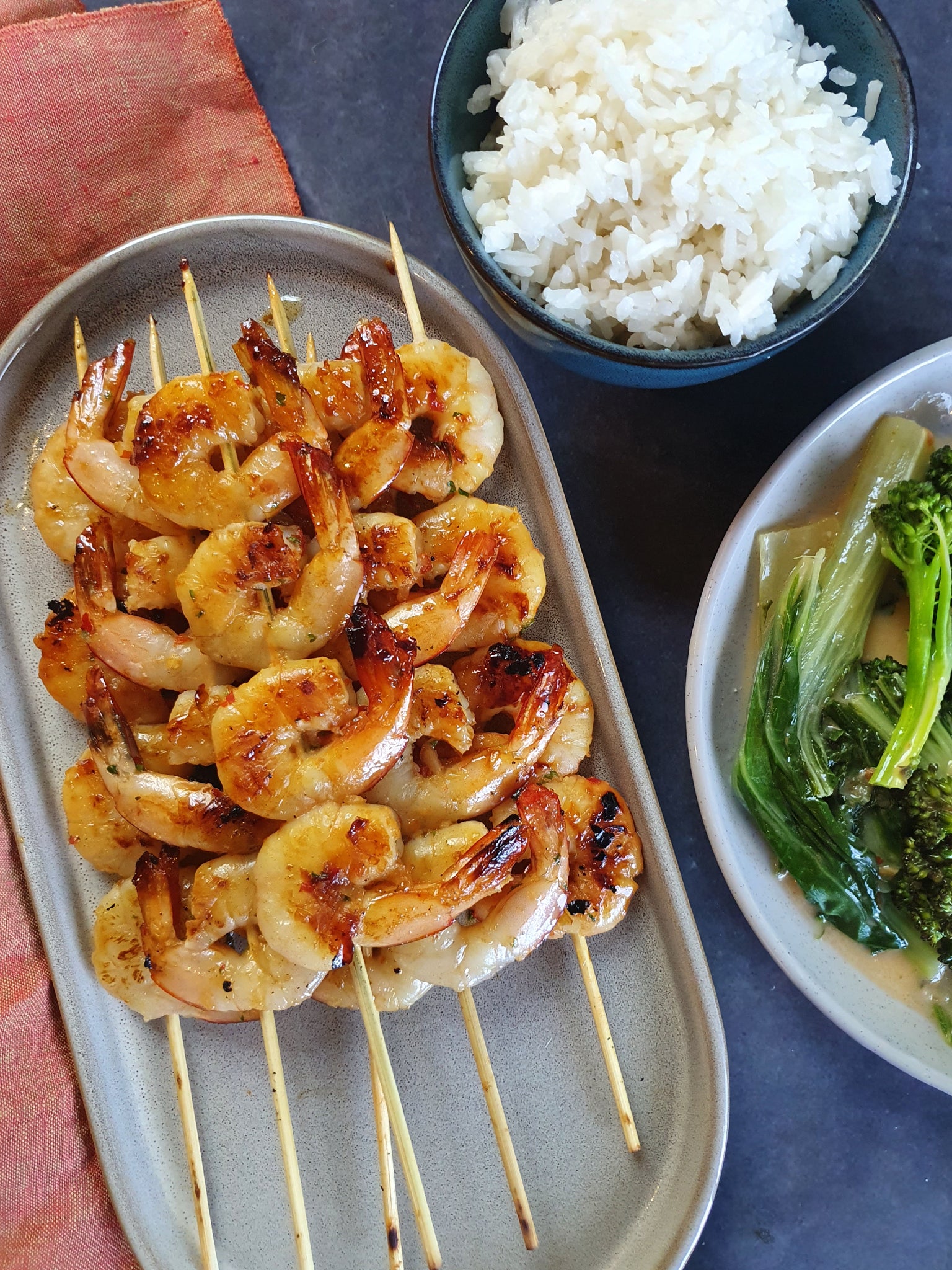 Sweet Chilli & Garlic Prawn Skewers with Coconut Rice and Asian Veg
