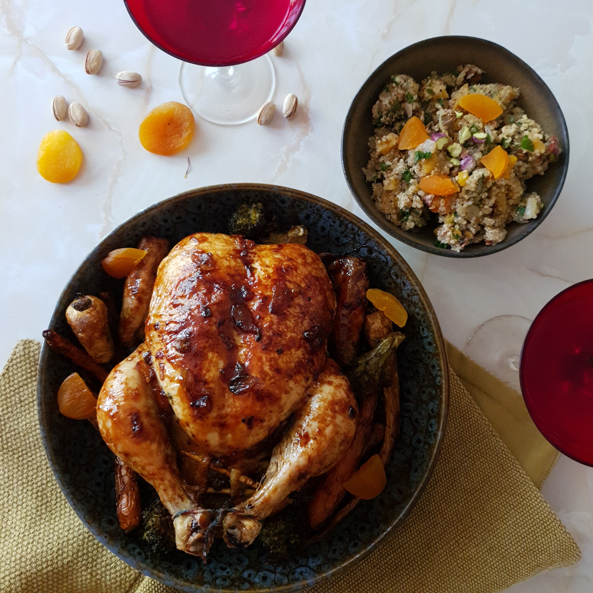 Festive Glazed Roast Chicken with Quinoa, Pistachio and Apricot Stuffing