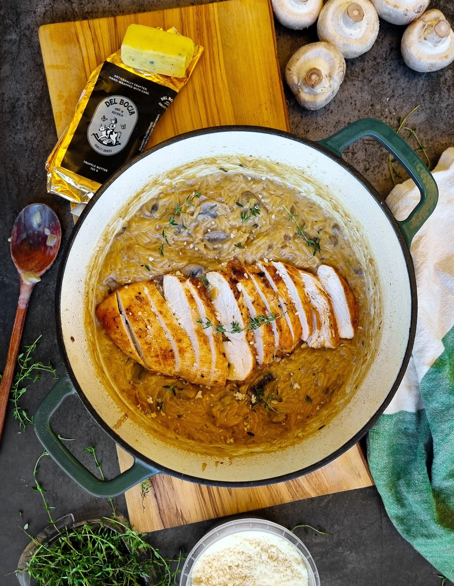 Creamy Del Bocia Truffle Butter and Mushroom Risoni with Chicken