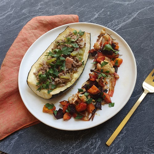 Zucchini Boats with Beef Hash and Rainbow Veg Medley